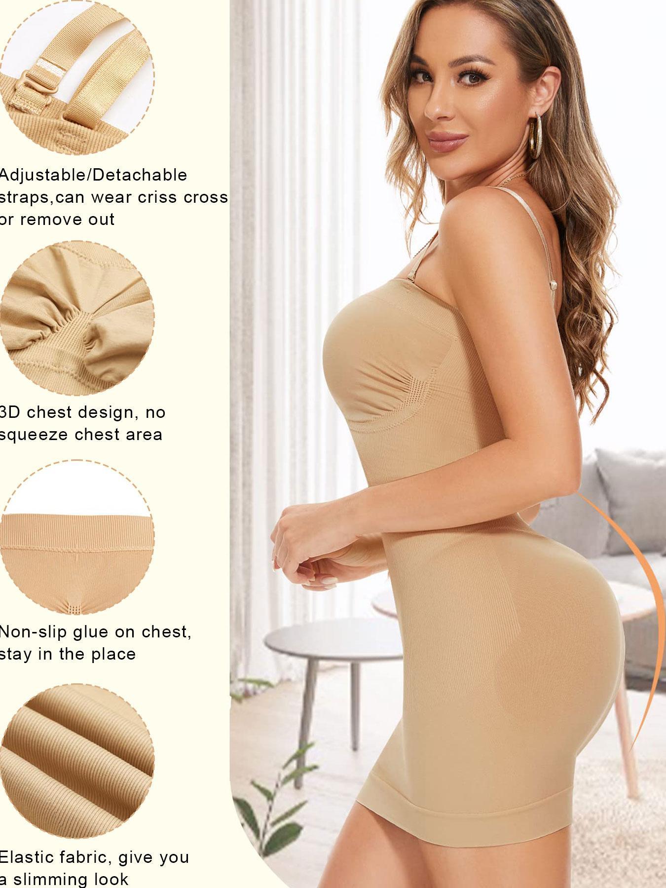 Women's Plain Casual Shapewear Dress With 1 Pair Detachable Straps, High Stretch Seamless Camisole Dress, Tummy Control Slimming Bodyshaper, Women's Underwear & Shapewear