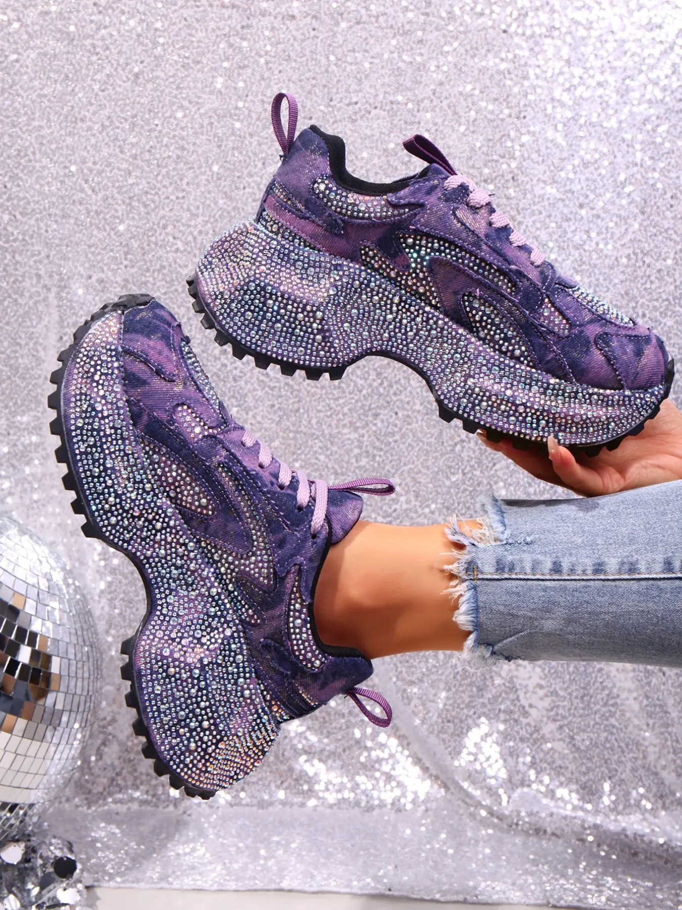 Trendy Women's Denim Dad Sneakers, Colorblock Design, Sparkly Rhinestones, Non-Slip Thick Sole, Casual All-Season Footwear, Casual Thick Soled