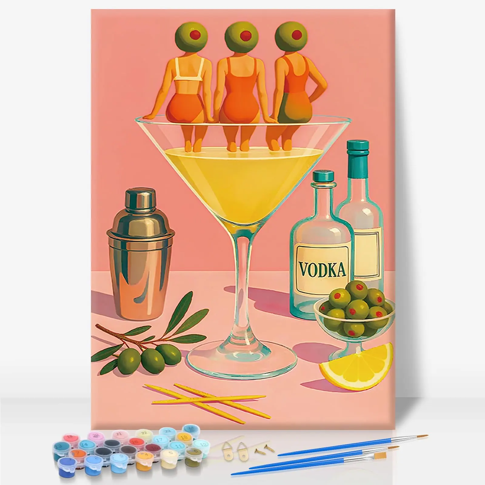Framed Paint by Numbers Kit for Adults Beginner - Cocktail Girls Paint by Number Canvas with Frame, Retro Pink DIY Acrylic Painting Kit for Trendy Home Wall Decor 8x12 Inch