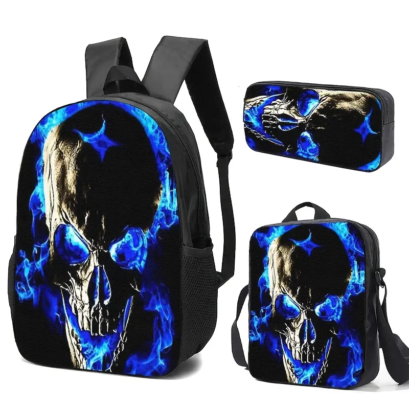 Blue Skull Backpack Set 3PCS Gothic School Bag with Lunch Bag and Pencil Case, Black Blue Flame Skeleton Bookbag for Teens Adults, Horror Graphic Travel Daypack, Halloween Style Backpack, Cool Student Bag, Back to School Gift for Boys Girls Daily Use