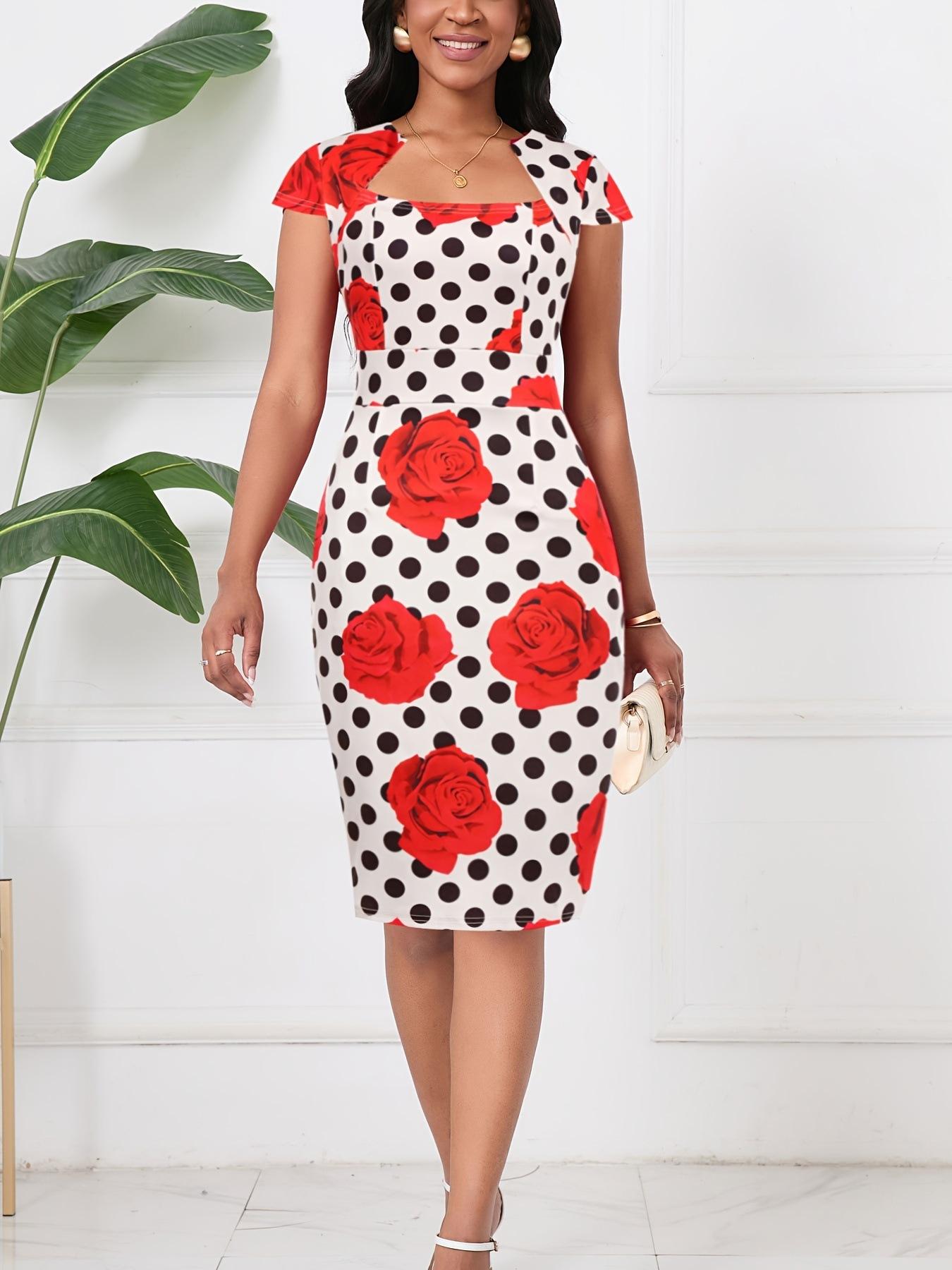 Vintage Cocktail Dress Cap Sleeve 1950s Retro Pencil Dress Wear to Work Dresses for Women Summer Hot Fashion Dress Polka Dot Rose Print Square Neck Short Sleeve Bodycon Dress