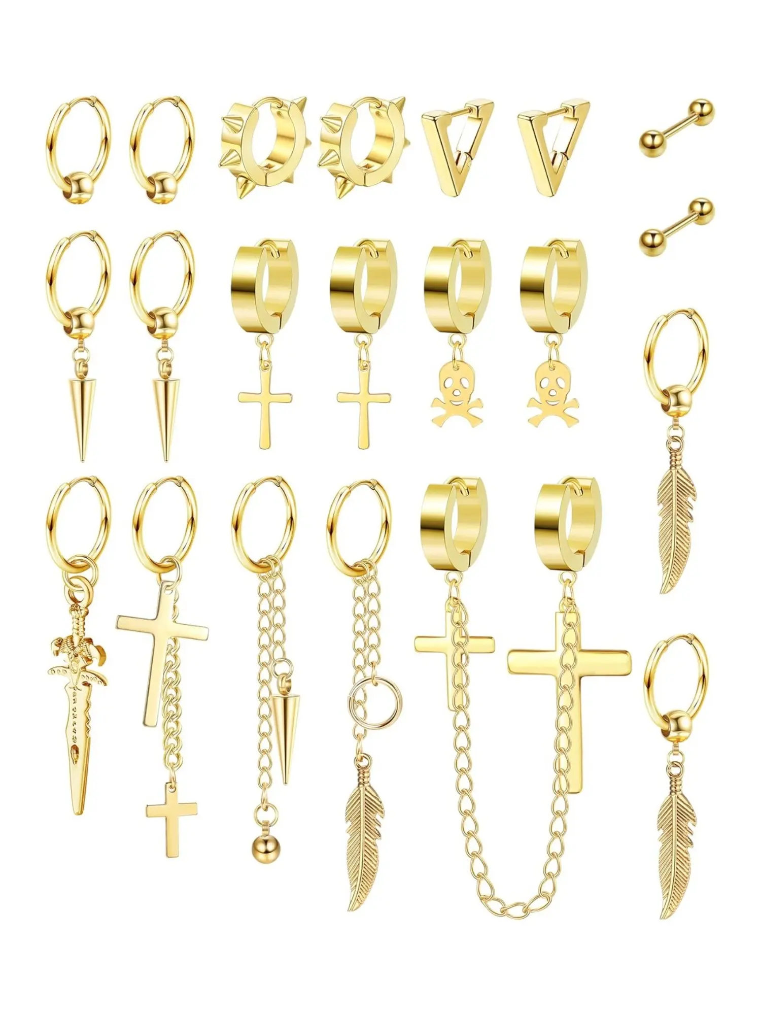 21 Pcs Golden Silvery Cool Cross Feather Ball Chain Earrings for Women Men Premium 304L Stainless Steel Long Chain Drop Earrings Classic Charms for Edgy Street Aesthetics Assorted Diversified Hoops for Long-time Wear Punk Hip-hop Accessory for Daily Wear