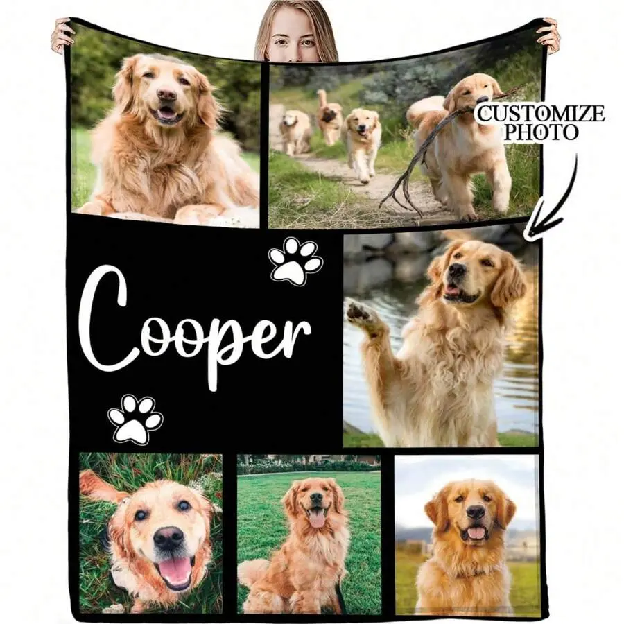 Customized Pet Photo Collage Throw Blanket - 6-Picture Black Paw Print, Wrinkle-Resistant, Fade-Resistant, Machine-Washable, Modern Soft Flannel, Breathable Durable Warm Cover, Dog Commemorative Gift, Couch Decor, PVC Fabric