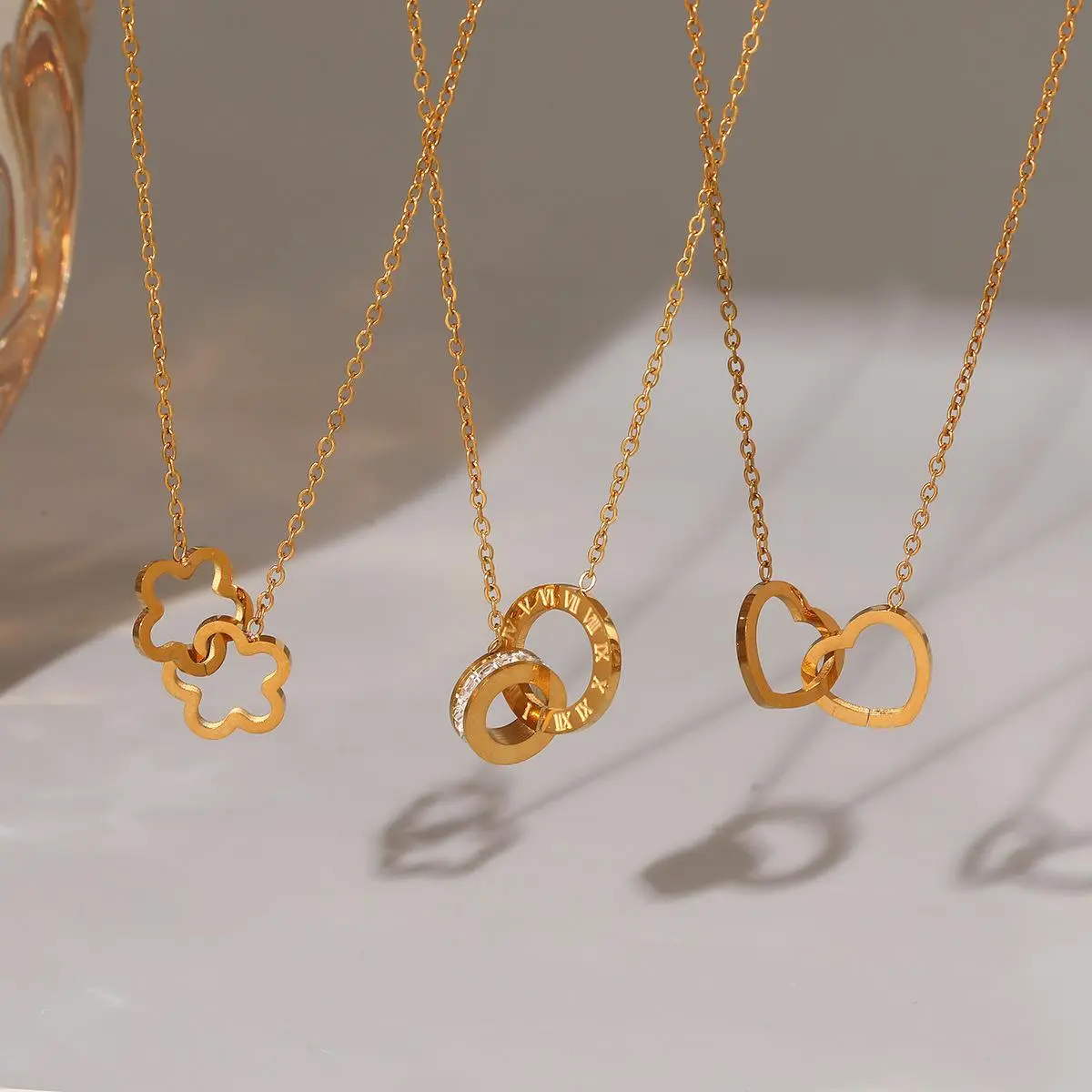 Interlocking Pendant Necklace Sold Separately 1Pc Gold Stainless Steel Double Ring Charm Necklace Minimalist Love Four Leaf Clover Stackable Everyday Jewelry for Women