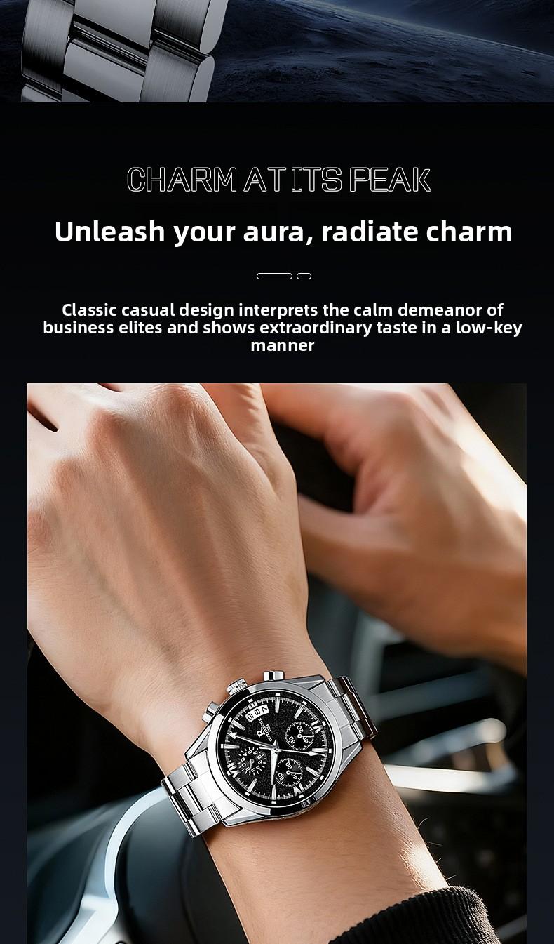 Men's Luxury Black Dial Chronograph Quartz Watch - Stainless Steel Wristwatch with Date, Multi-Function Subdials, Luminous Hands, Sport Business Dress Watch, Perfect Gift for Husband Dad Boyfriend