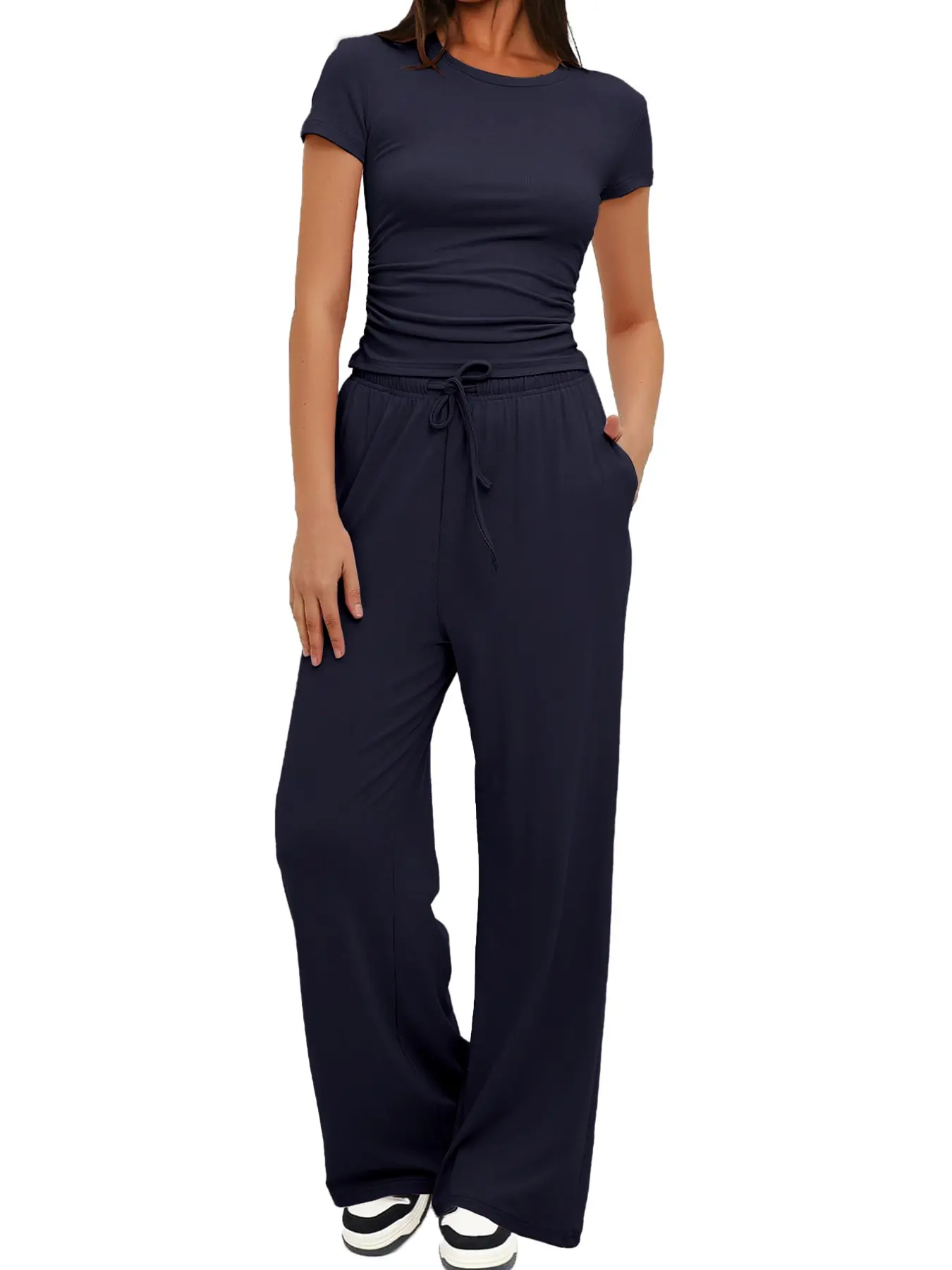 Minimalist Basic Women's Two-Piece Solid Short Sleeve Ruched Top & Wide Leg Pants Set, Casual Comfortable Sleepwear Loungewear, Pure Color Home Wear, All Seasons