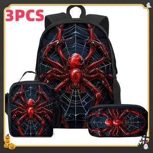 3pcs Spider Print Three-piece Backpack Combination, Unisexes Polyester Large Capacity Backpack with Square Pen Bag, Adjustable Shoulder Strap Double Zipper Animal Style, Suitable for Commuter Travel Outdoors, for Teenager