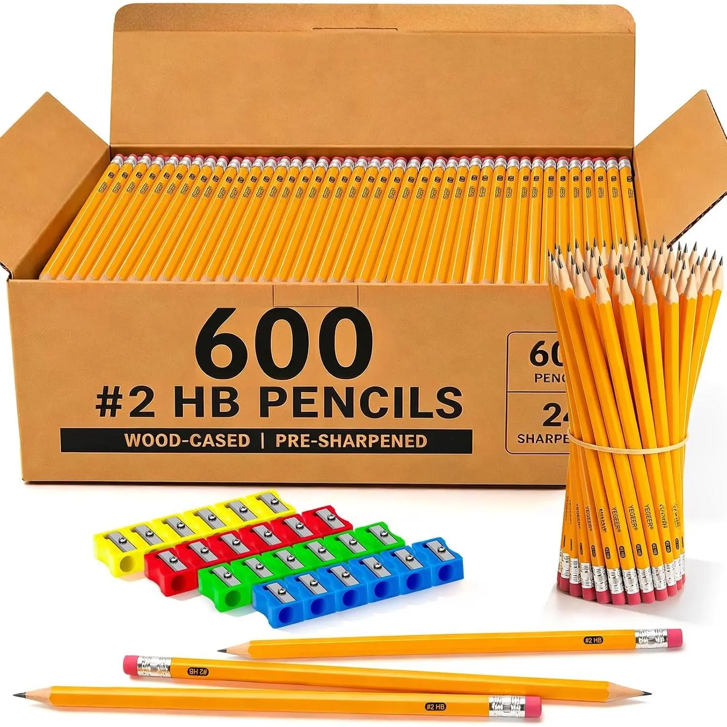240 Pack #2 HB Pre-Sharpened -Cased Graphite Pencils Bulk Pack with 24 Pencil Sharpeners and Top Erasers, for Writing, Drawing and Sketching, School, Classroom, Office & Standardized Testing (240)