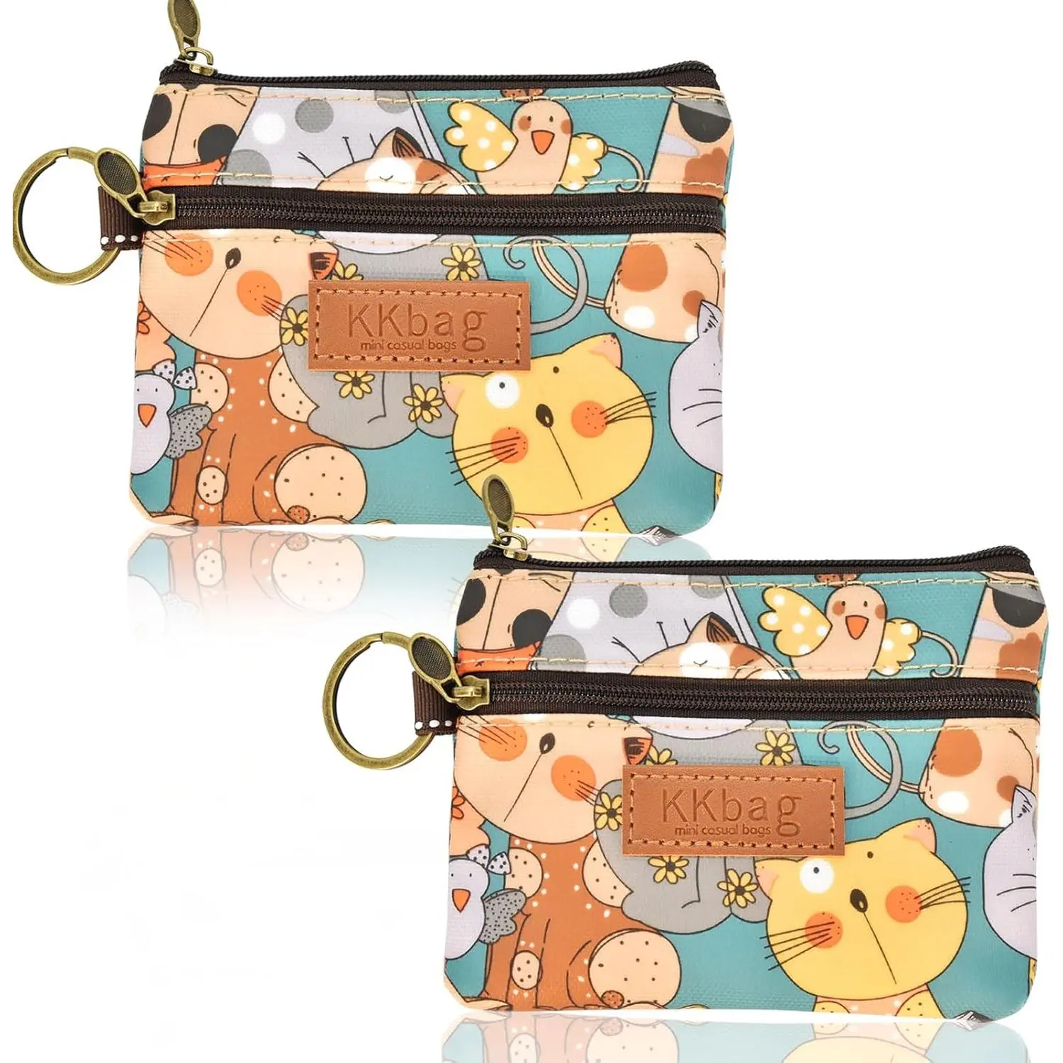 2 Pack  Purse, Zipper  Pouch, Small  Wallet, Cute Change Purse for  Cards, Small zippered Pouch,  Bag with Keyring, Mini Wallets for Girls Women,  Green &  Green