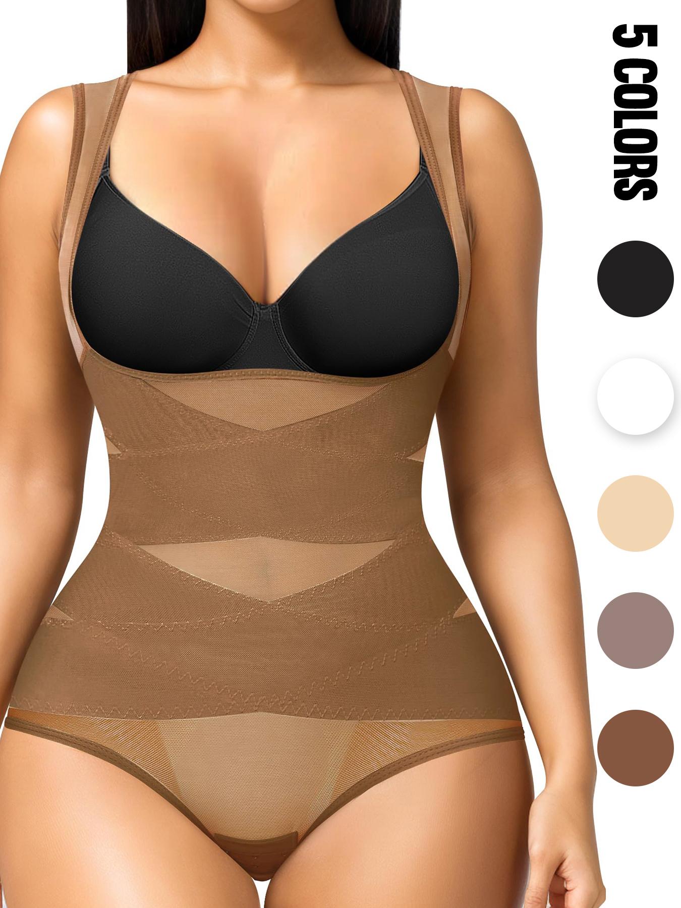 Women's Solid Color Open Bust Adjustable Hook & Eye Closure Crotch Shapewear Bodysuit, Breathable Comfortable Tummy Control High Waist Shaping Push Up Chest Shaper Bodysuit