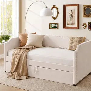 ARCH Twin Size Velvet Upholstered Daybed with Pop Up Trundle, Beige/Gray/Pink/Wine Red Options, 2-in-1 Sofa Bed Frame for Bedroom Guest Room Sleepovers, 81L x 44W x 35.5H, No Mattress, Twin Size Options, Beige/Gray/Pink/WINE RED Color Options