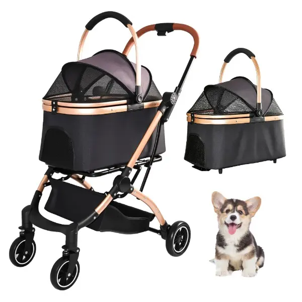 2-In-1 Detachable Foldable Pet Stroller for Dogs & Cats, 4-Wheel Design, 1-Hand Quick Fold, Under-Seat Storage Basket, Detachable Carry Basket with Sun Canopy