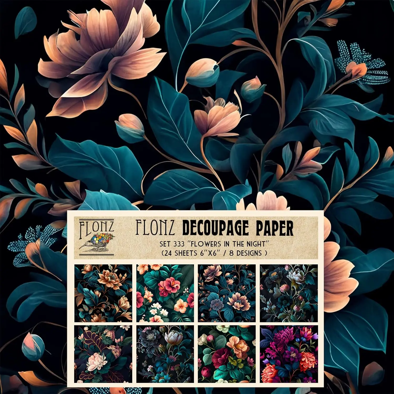 24 Sheets 6"x6" Decoupage Paper Pack Flowers in The Night Vintage Styled Pattern Paper for Decoupage Craft and Scrapbooking