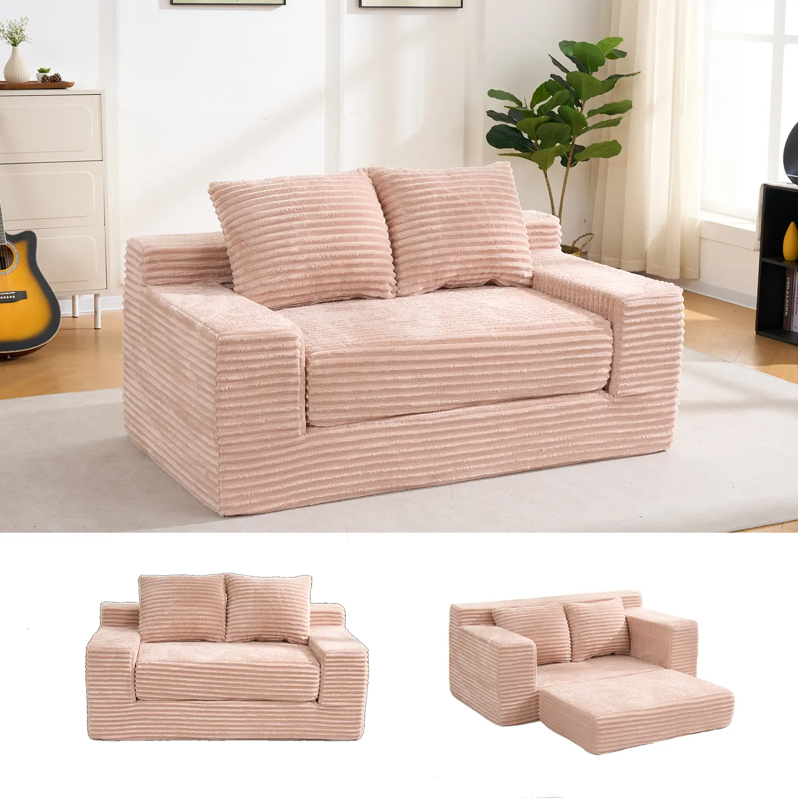 ARCH Memory Foam Loveseat Sofa 2-Seat Convertible Sleeper Couch in a Box No Assembly Corduroy Fabric Compact Small Couch for Living Room Apartment Home Office Bedroom Pink, Pink Color Options, Fabric Material, 2 Seat Seat Count, Product Dimensions: