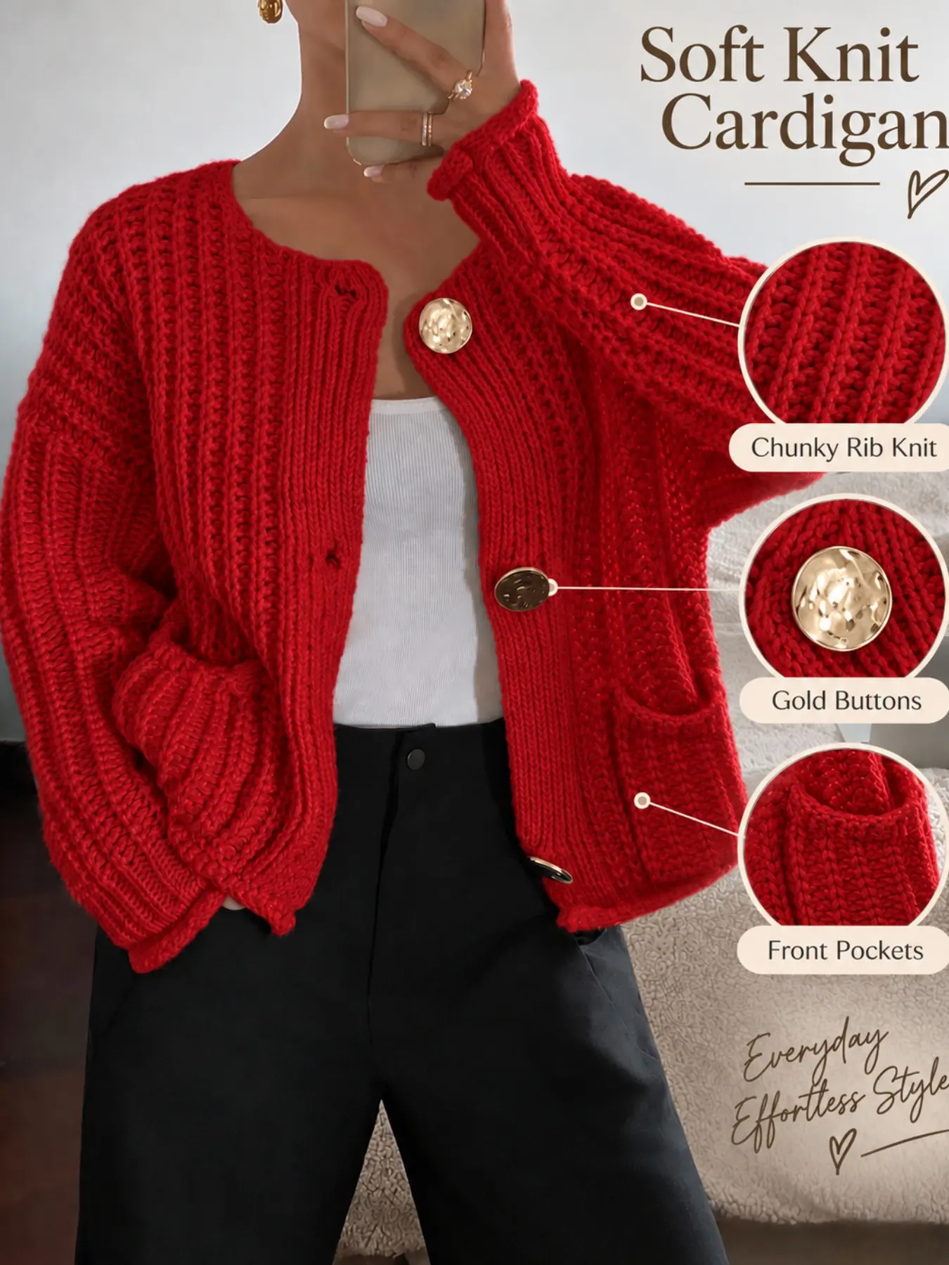 Women’s Cozy Chunky Knit Cardigan Sweater, Oversized Soft Button Front Knit Jacket with Pockets, Trendy Fall Winter Casual Layering Outfit