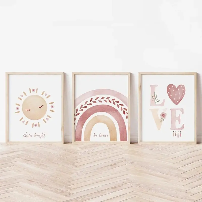 3pcs/set Bohemian Style Rainbow Series Canvas Painting Pink Sun Love Heart Cosy Wall Art Girls Bedroom Trend Decoration Unframed Poster