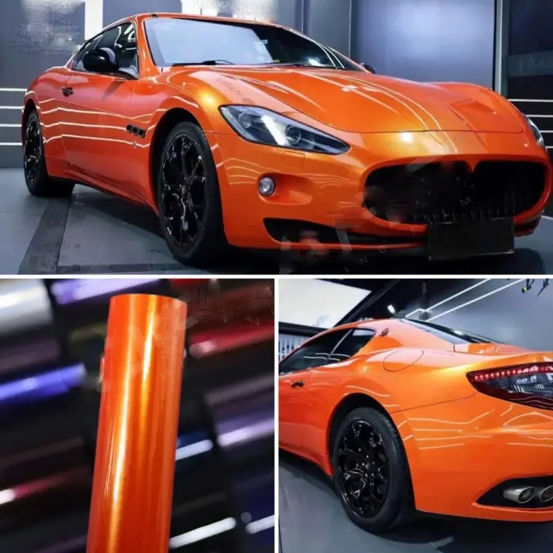 Ultra Glossy Amber Orange Glitter Metallic Vinyl Wrap Film Roll With Air Release Self Adhesive Car Motorcycle DIY Decal Sticker