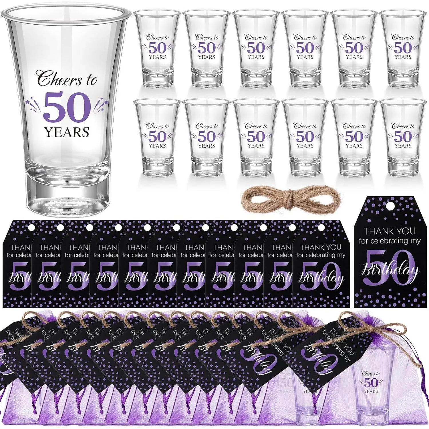 50 Sets Black Purple Birthday Party Favors for Guests Souvenir Multicolor 50 Years Old Gift Bulk Acrylic Clear 1.2oz Shot Glasses with Thank You Cards and Gift Bags, 40/50/60/70th Birthday