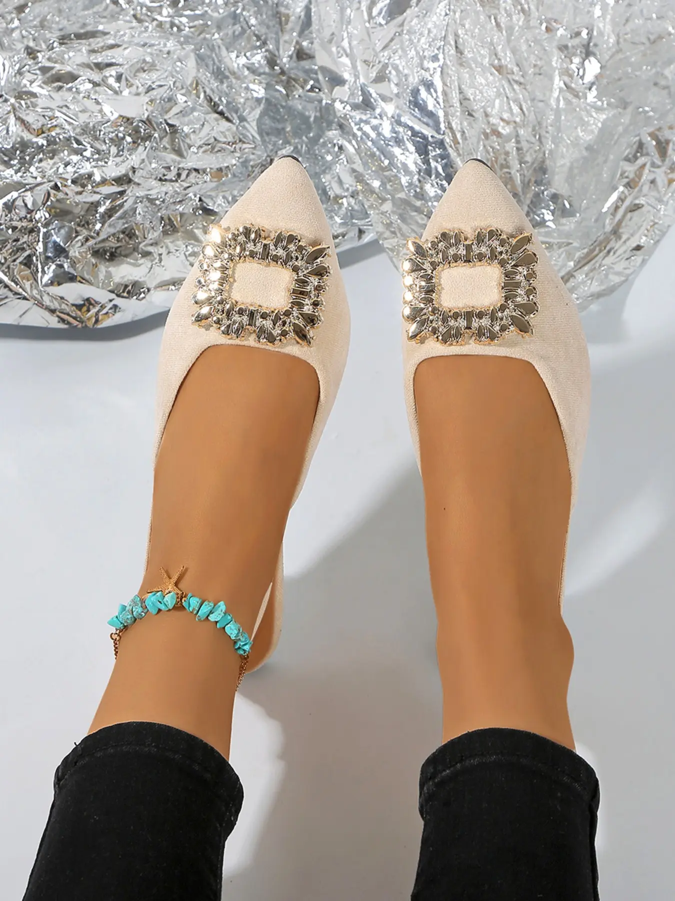 Women's Flat Sandals, Comfortable Pointed Toe Rhinestone Buckle, Casual Office Shoes, Plain Fabric Upper, Rubber Sole, Less Than Ankle Height, Pointed Toe Flats