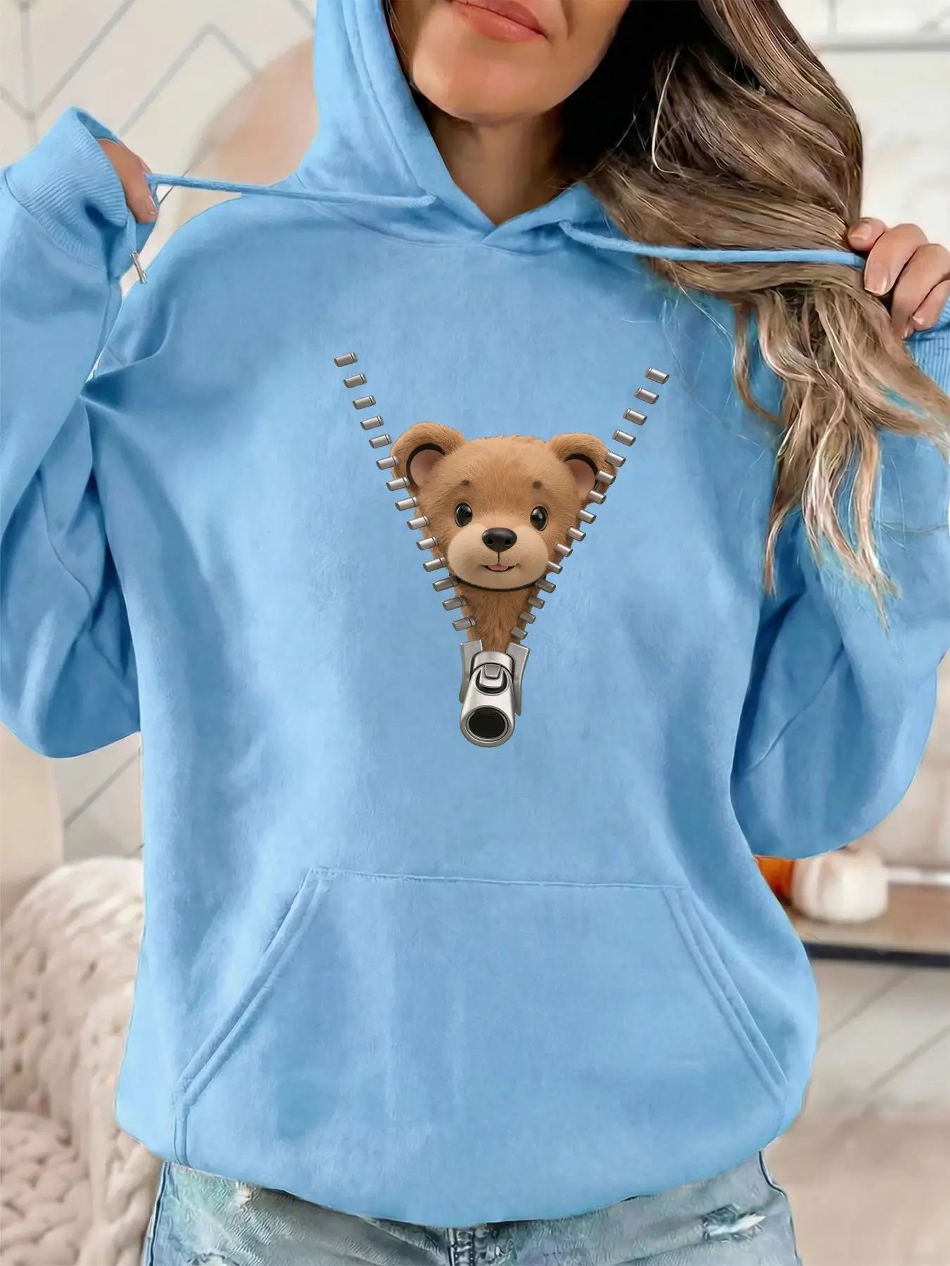 Women's Fashion Hooded Sweatshirt, Bear Pattern Print, Drawstring Adjustable Kangaroo Pocket, Fall Winter Casual Sports Top, Perfect for Parties