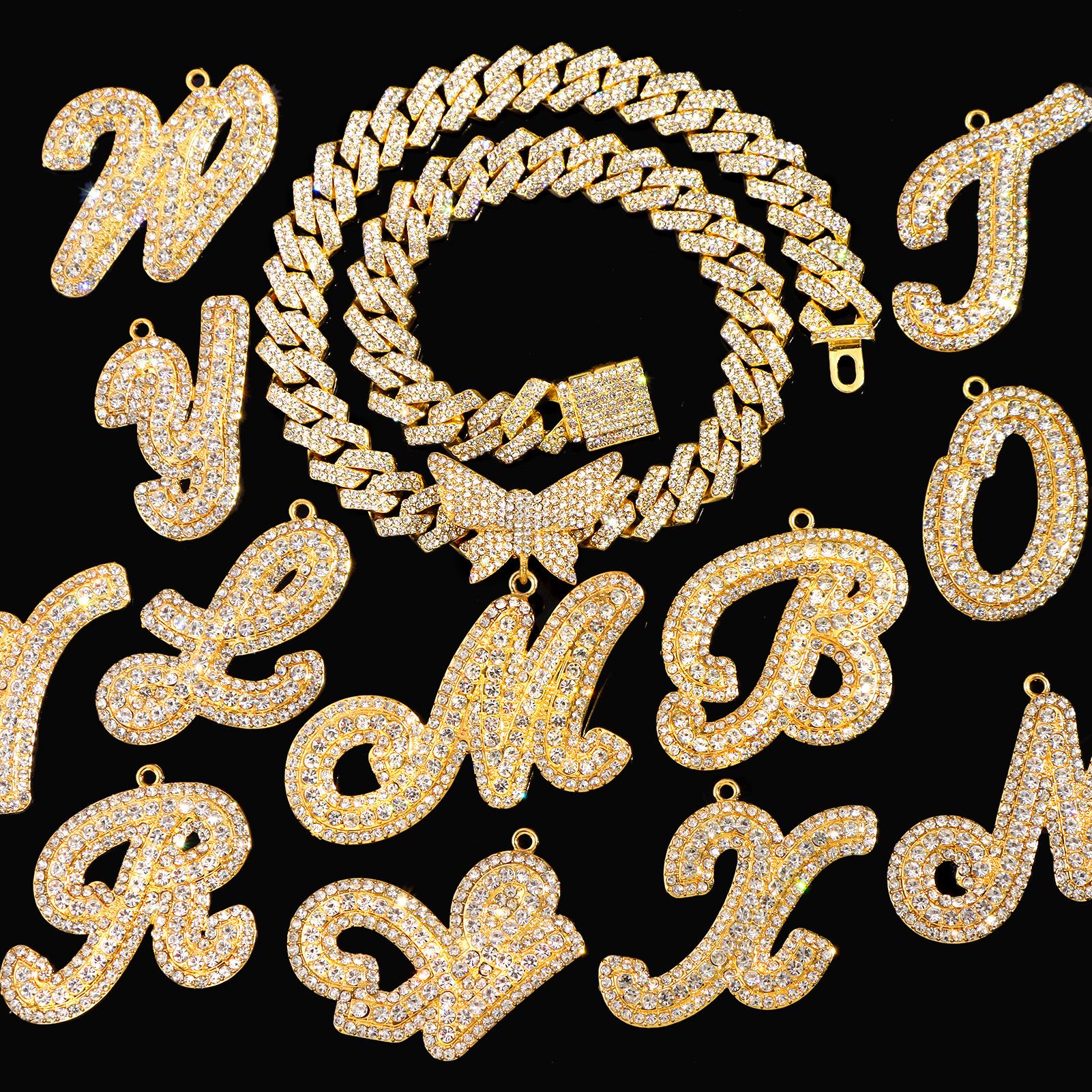 Iced Out Bling Butterfly Letter Pendant Necklace For Women AAA Rhinestone Paved Prong Cuban Chain Initial Necklaces Punk Jewelry