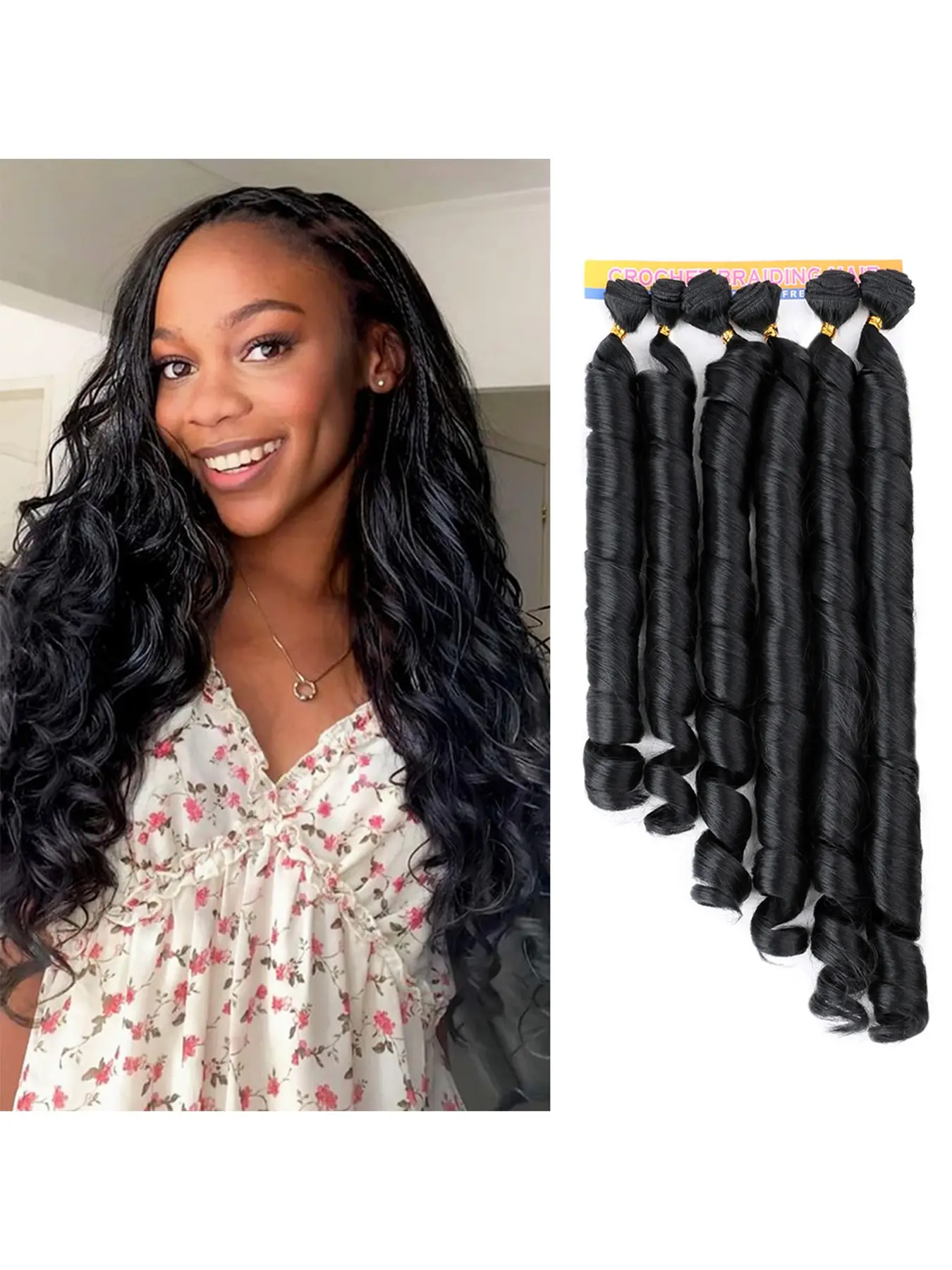 French Braiding Curl Bundle Hair Weft 22 24 26 Inch 6 Pcs Loose Spiral Wave Synthetic Weft Hair Extensions, Soft Lightweight Curly Bundles Hair for Women DIY Braids Hairstyle