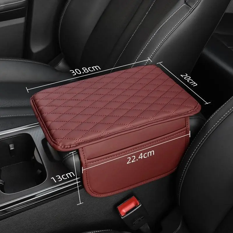 Universal PU Leather Automotive Interior Cushion - Diamond Quilted Anti-Slipping Car Center Console Armrest Pad with Side Pocket for Most Cars, Ideal for Long Drives, 22.4Cm Side Pocket, 30.8 X 20Cm, Adjustable Strap, Commutes, Standard Size
