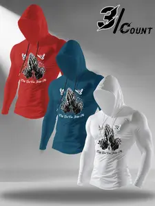 3 Count Men Hooded Long Sleeve Workout Shirts Praying Hands Rose Dove Faith Tattoo Graphic Only God Can Judge Me Quick Dry Breathable Christian Compression Athletic Training Gym Tops Multipack