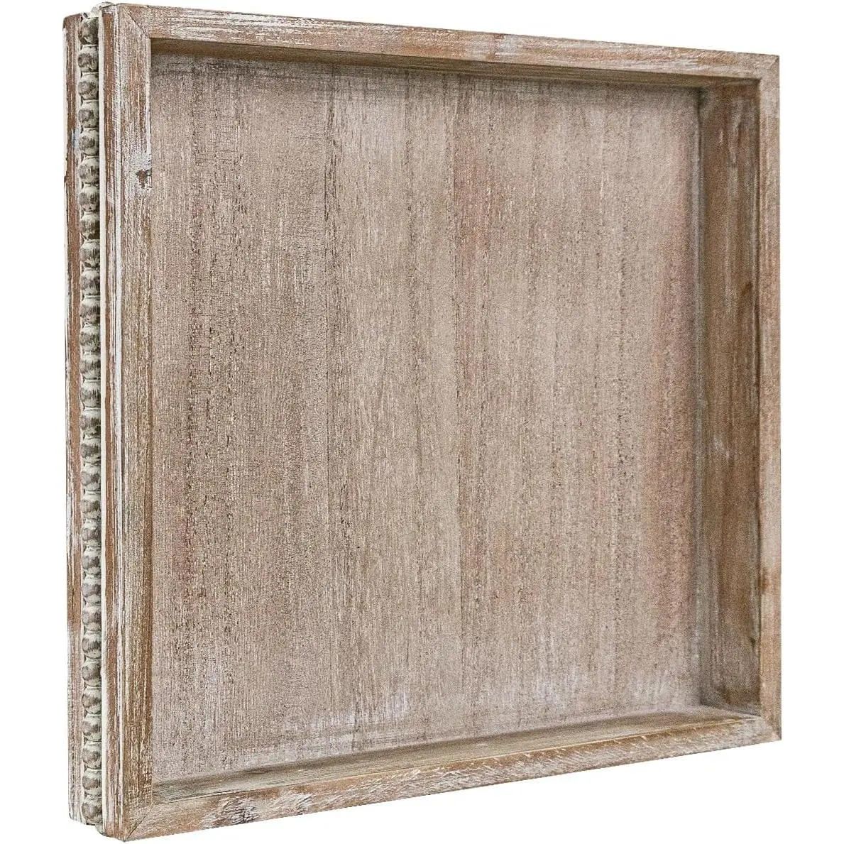 Wood Serving Tray, Farmhouse Wooden Tray for Coffee Table, Rustic Square Trays with Beads, Washed White Decorative Trays for Living Room, Kitchen, 12" X 12" X 1.6"