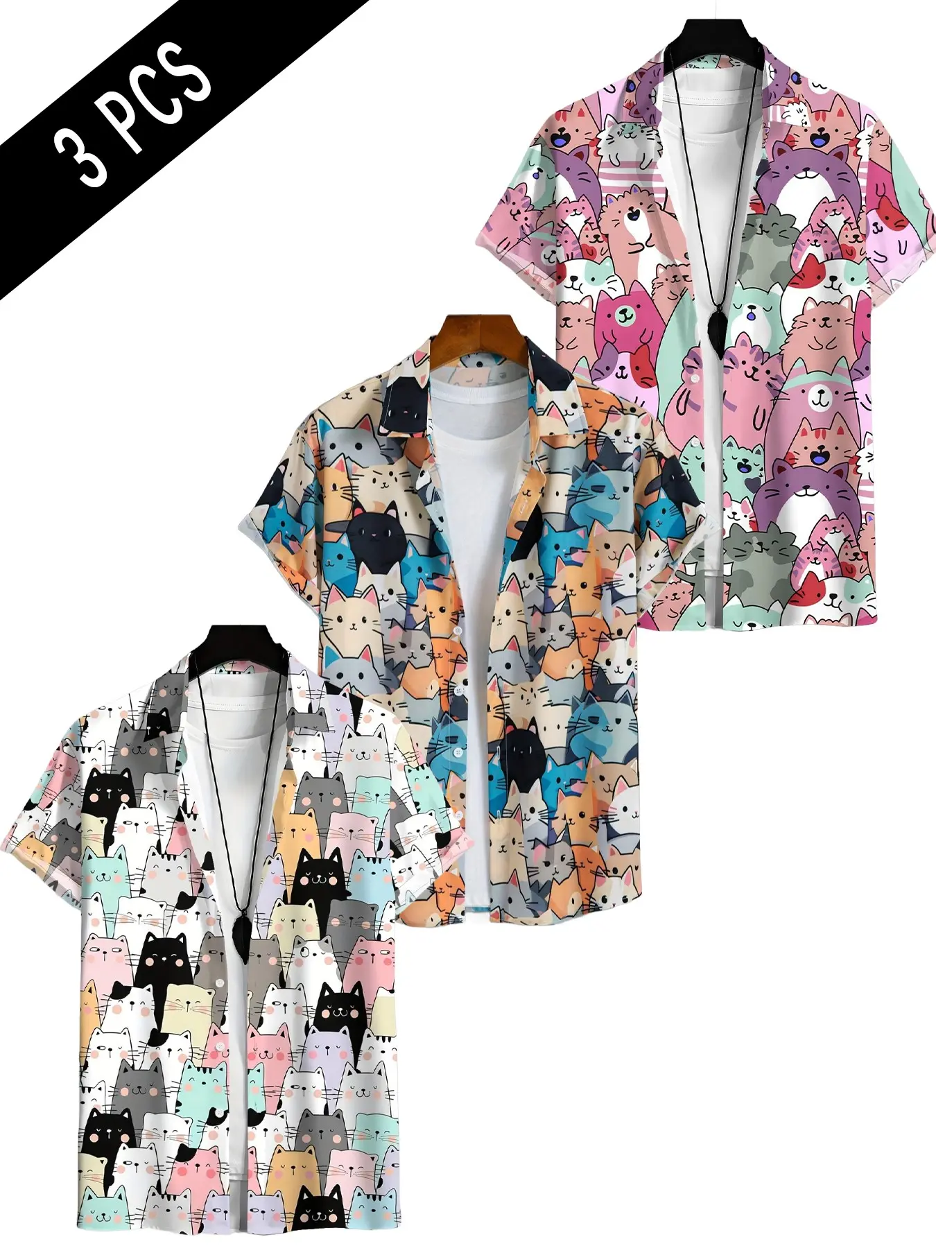 Unisex Summer Cute Cat Print Shirt, Soft Skin-Friendly Fabric, Ideal for Daily Commutes(Recommend ordering one size up), Summer Outing, Button Front Collar Shirt