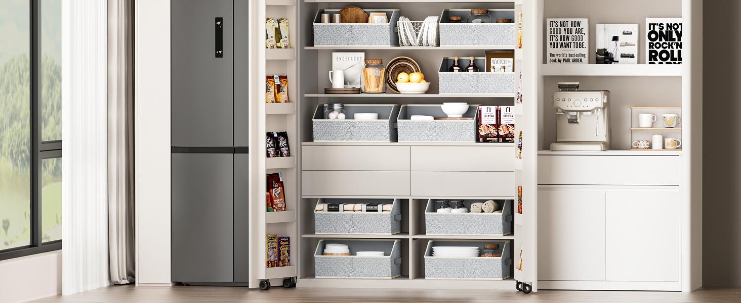 Closet Organizers Bins 6 Packs - Large Closet Shelf Organizer with Handles, Fabric Trapezoid Storage Bins, Collapsible Storage Cubes for Clothes, Towels, Light Gray