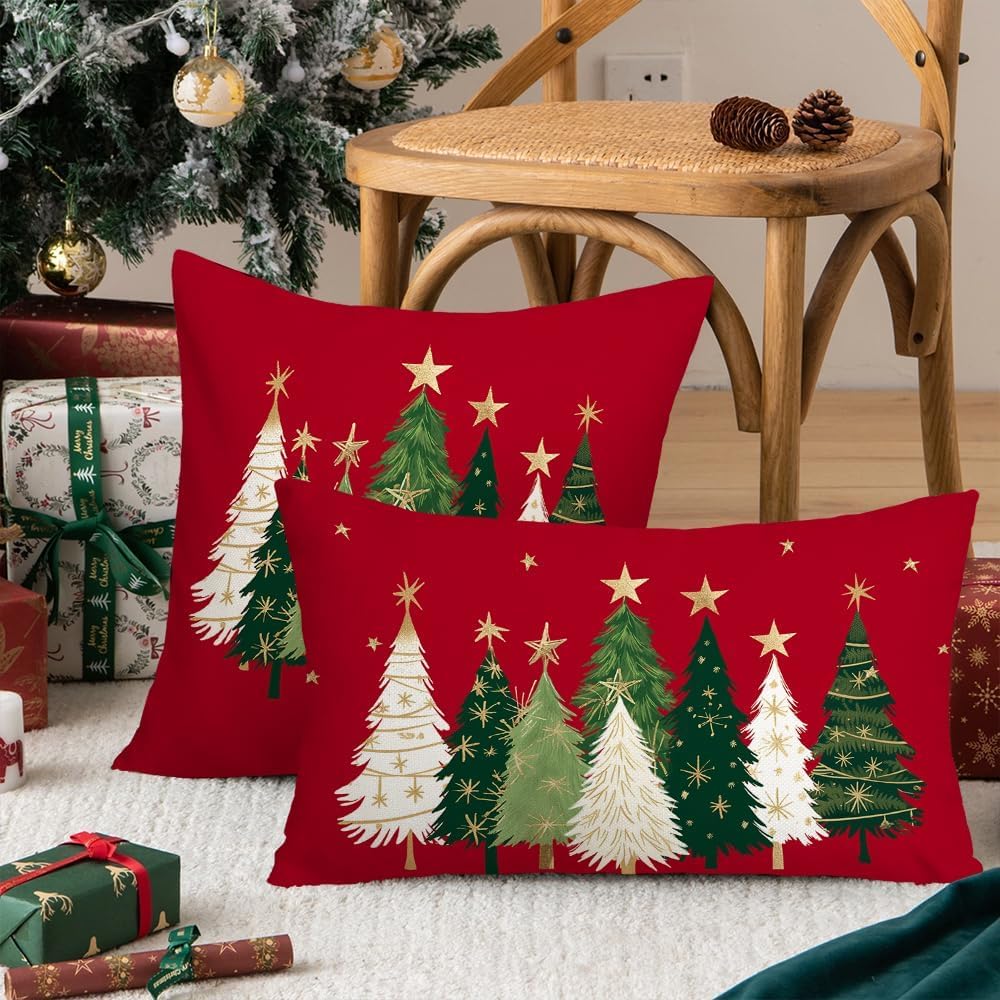 Christmas Themed Cushion Cover, 1/2/4/6/8/12pcs Lovely Star & Tree Pattern Throw Pillow Cover without Filler for Home Sofa Bed