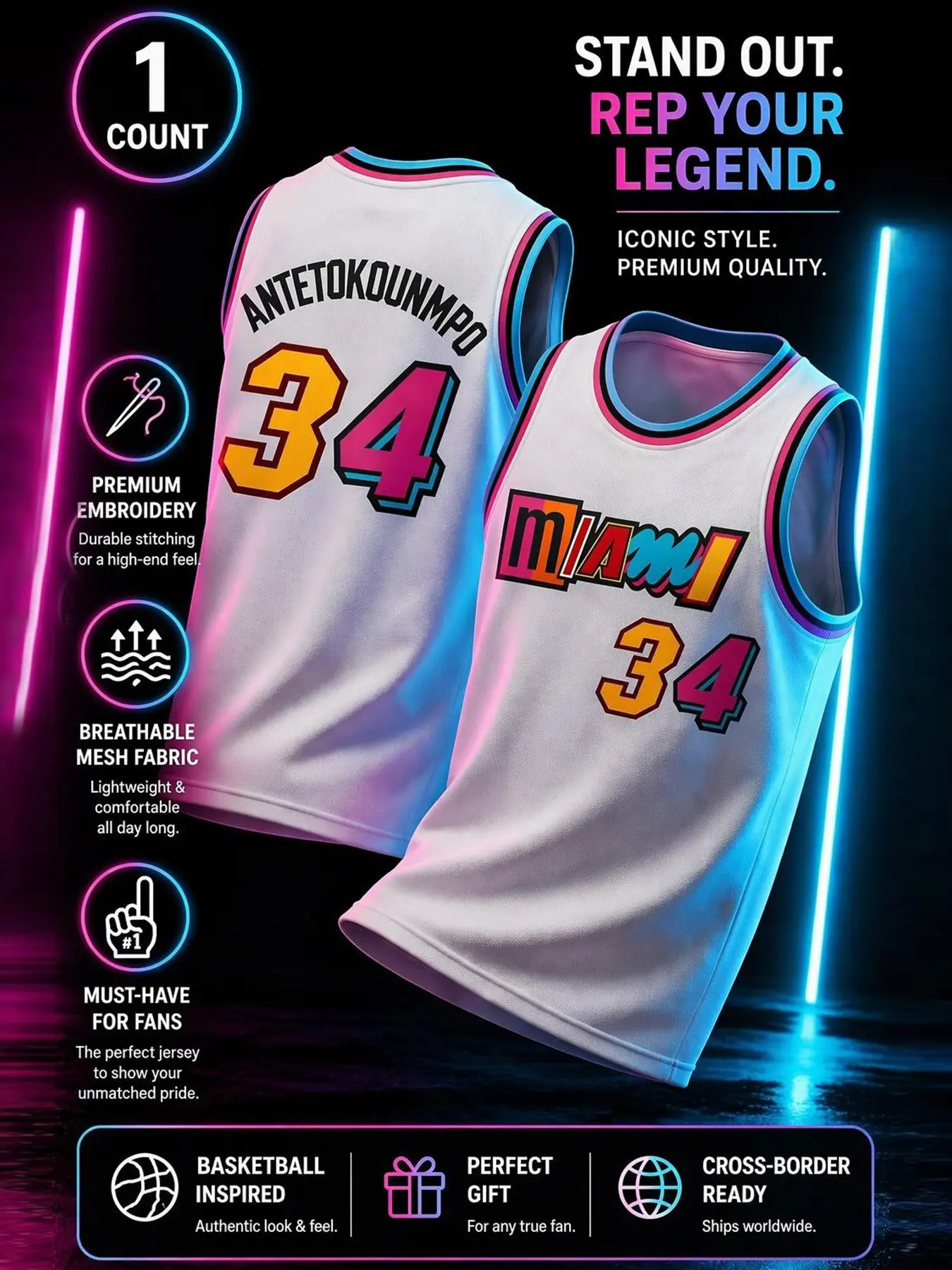 New Miami #34 Letterman Knit Basketball Jersey, Men's Fashion Streetwear, Breathable Basketball Tank Top, Training Wear, All Seasons