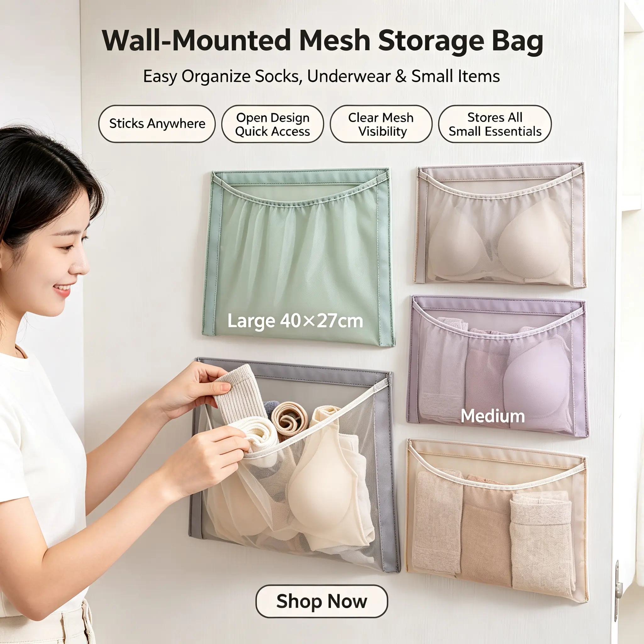 4 Pack Wall Hanging Mesh Storage Organizer Bags, Zipper Closet Side Mesh Pouches, Multifunctional Door Hanging Storage Pockets for Socks, Underwear, Lingerie, Bedroom Dorm Home Organization