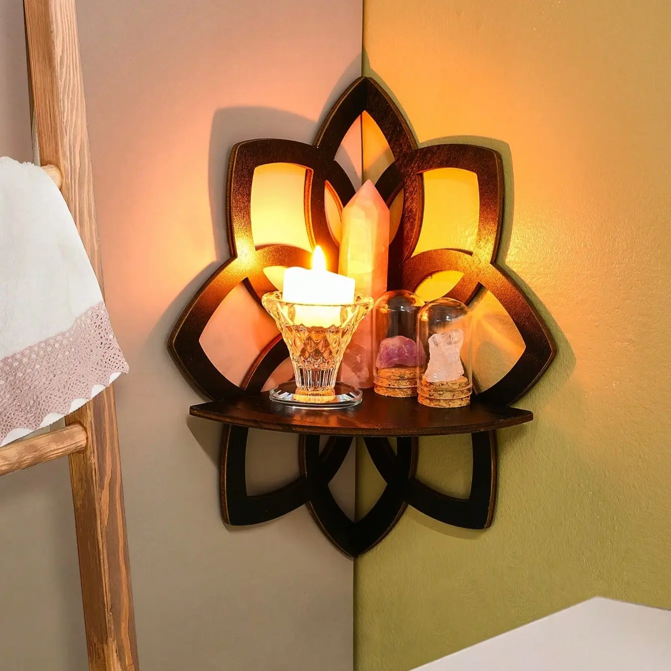 Wooden Lotus Corner Shelf, Bedroom Crystal Diffuser Holder, Bohemian Style Wall Corner Rack, Spiritual Home Decor Stand