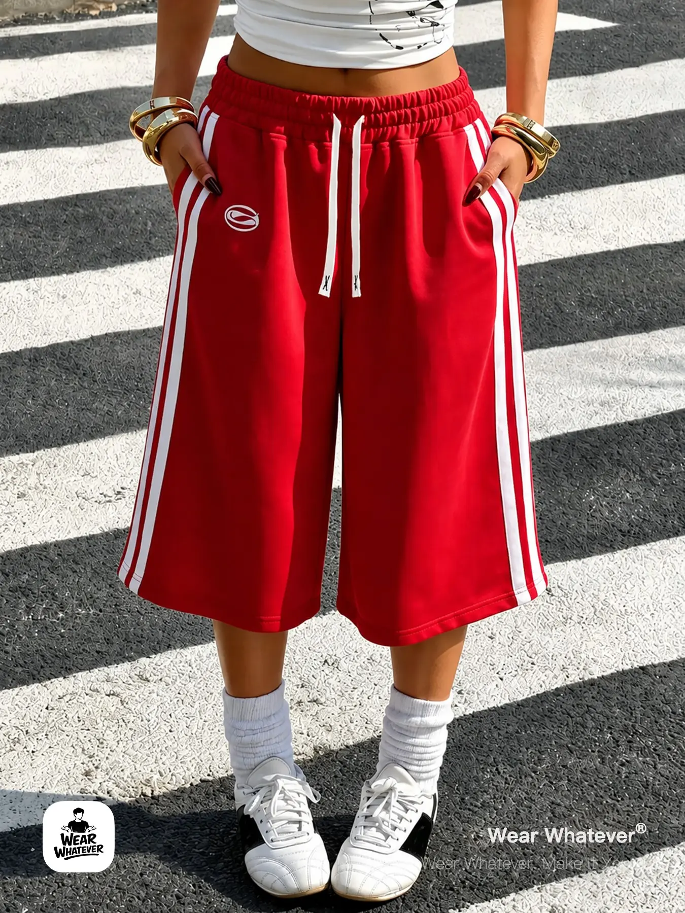 Wear Whatever Unisex Red Stripe Basketball Shorts, Oversized Wide Leg Drawstring Sweat Shorts for Men Women Streetwear, Sport Casual, Coffee Run, Weekend and Summer Daily Outfits