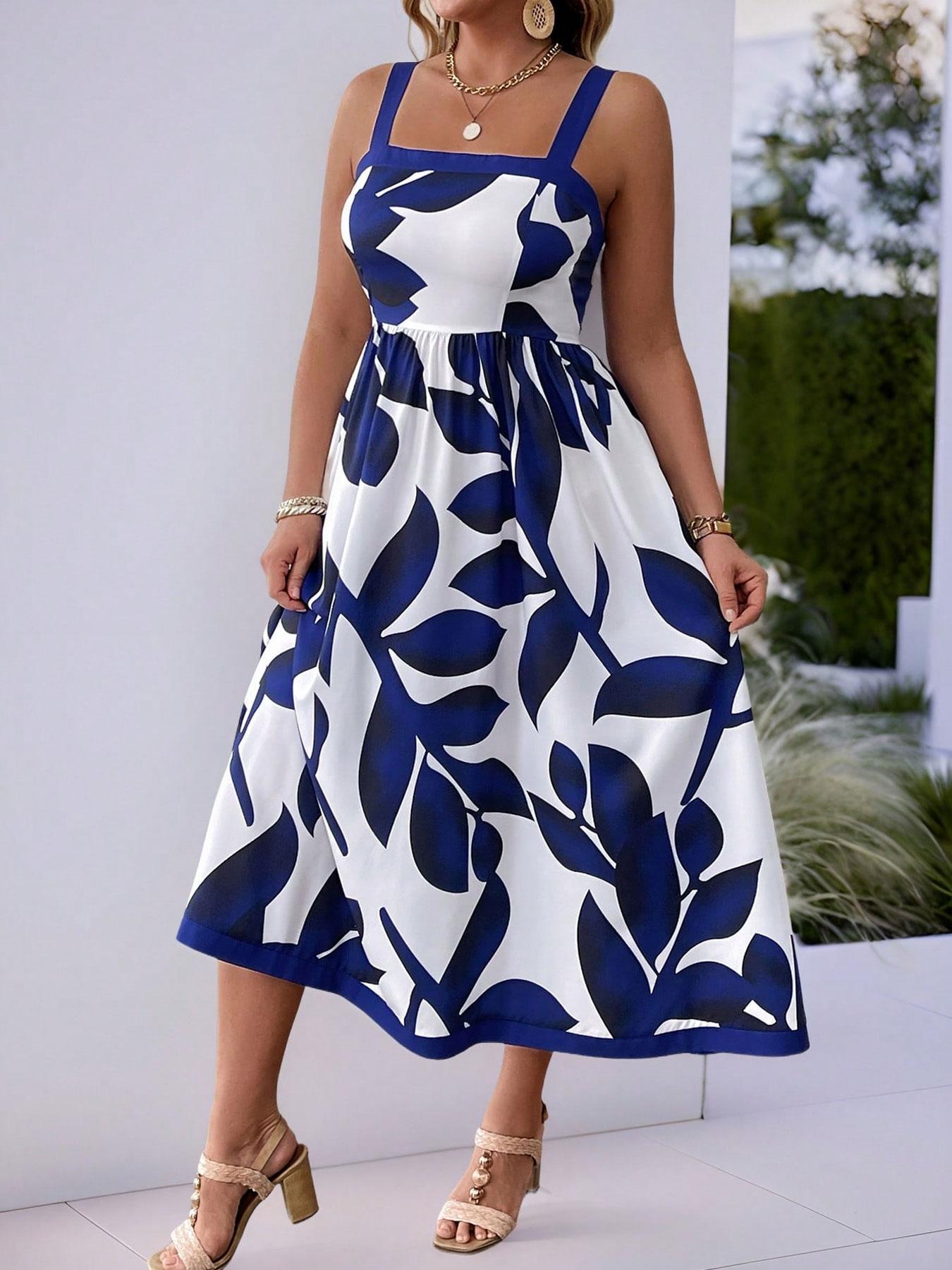 [Plus Size] Floral Print Cami Dress, Casual Flattering Sleeveless Spaghetti Strap Dress for Daily Wear, Women's Plus Clothing for All Seasons