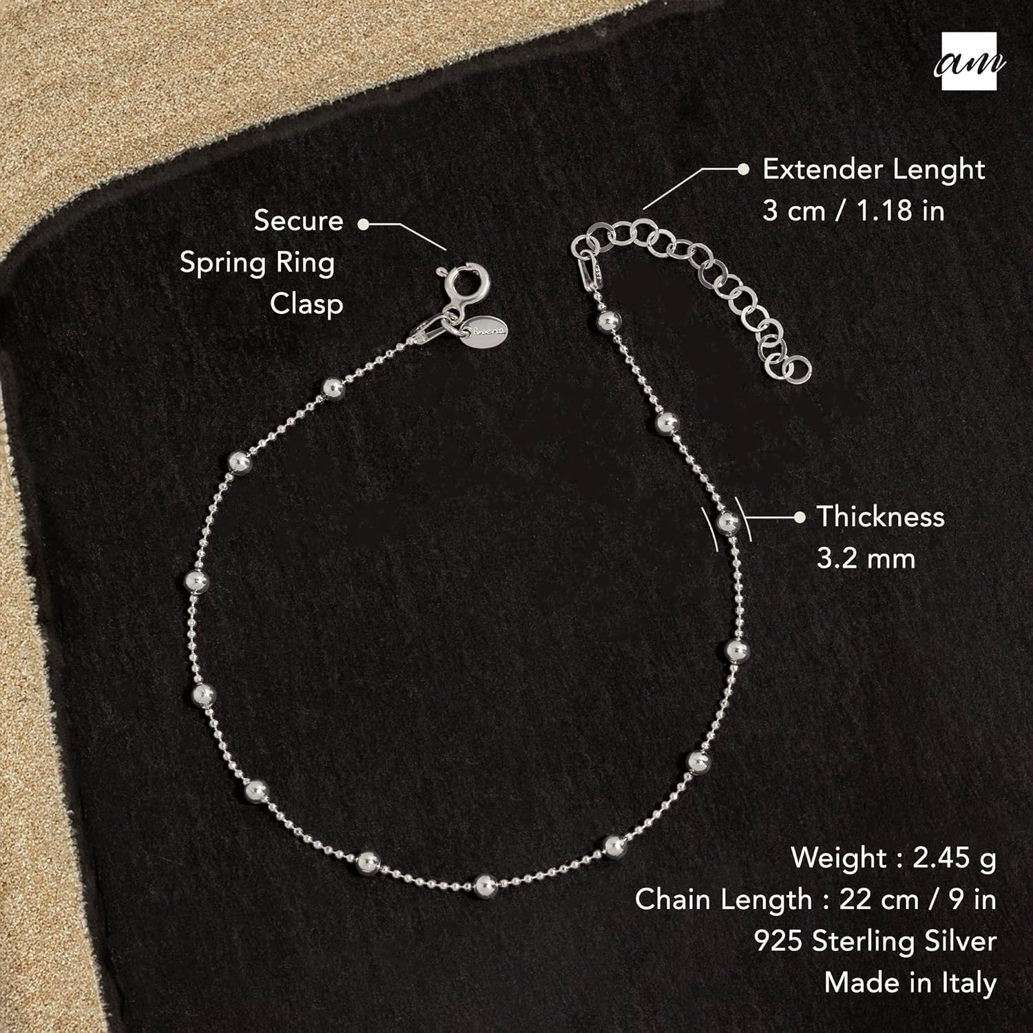 925 Fine Sterling Silver 1 mm Adjustable Anklet