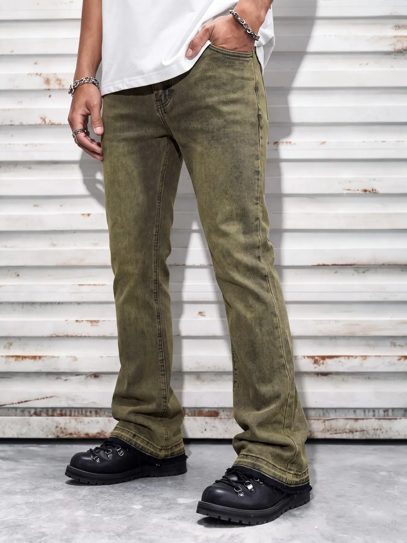 Men’s Vintage Slim Bootcut Denim Pants, Frayed Hem With Washed Distressed Craft, Cool Skate Street Style Casual Trousers