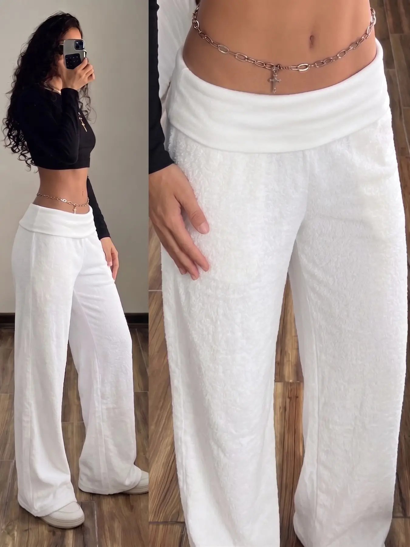 American Street Vibe: White Foldover High-Waist Textured Terry Loose Wide-Leg Sweatpants for a Trendy Look 🤍 #streetwear #y2kstyle #baggypants