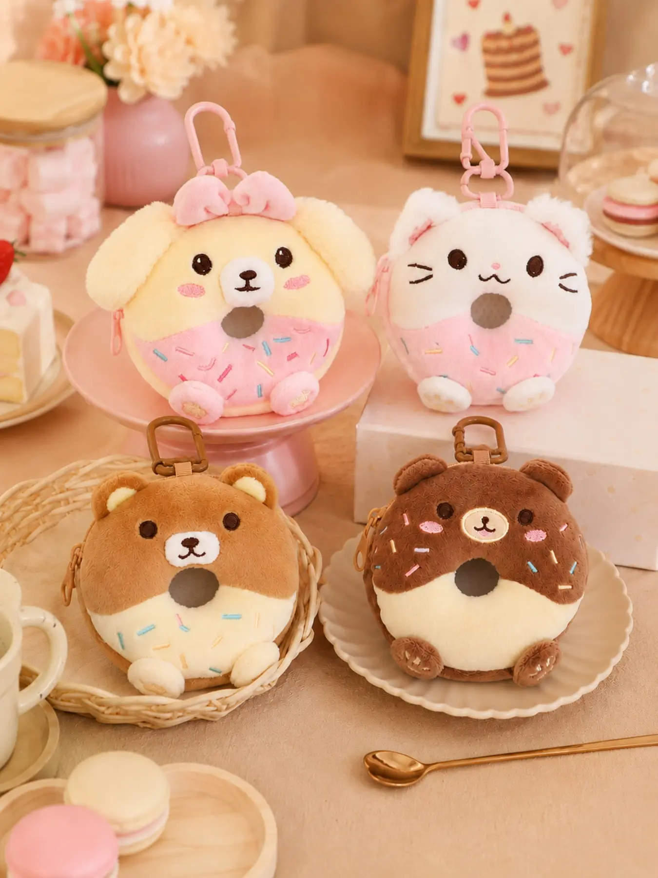 Cute Plush Donut Keychain Wallet, Soft Cartoon Mini Pouch, Coin & Earphone Holder, Birthday Gift, Bag Accessory, Cat/dog/bear Designs