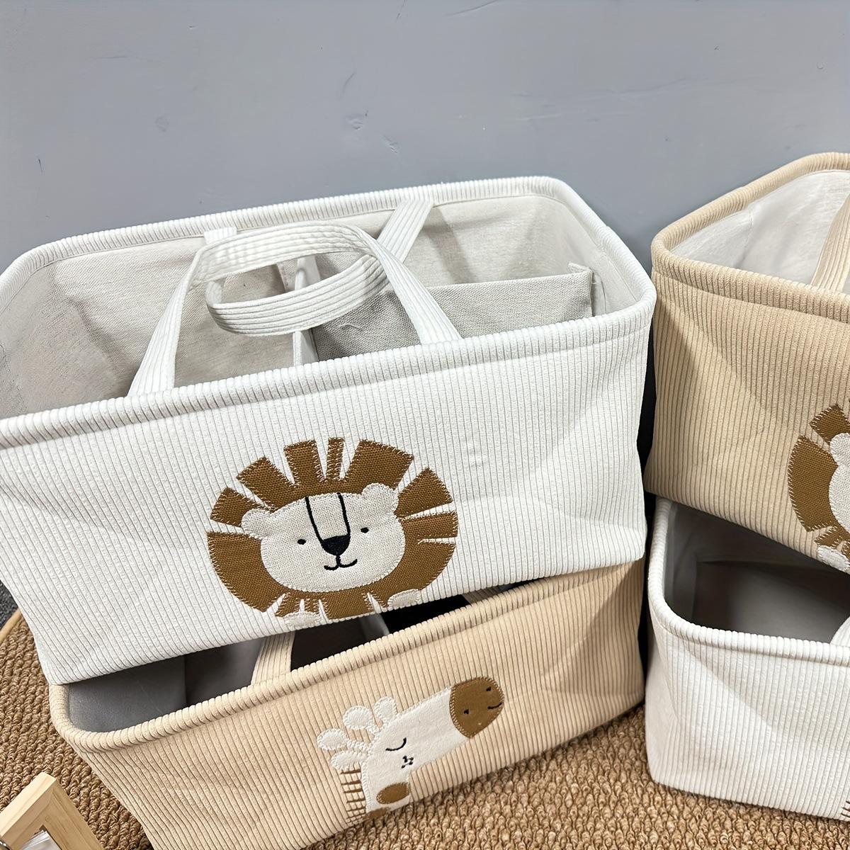 Cute Cartoon Lion Storage Basket with Handle & Divider, Portable Diaper Caddy Organizer for Baby Nursery, Toy & Clothes Storage Bin for Home