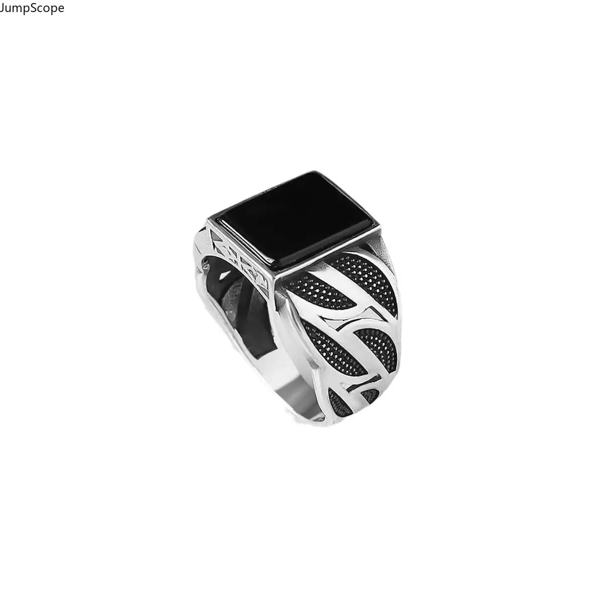 Men's Vintage Silver-Plated Tribal Wide Band Signet Ring - Square Black Onyx, Hollow Stripe Pattern, Casual Minimalist Everyday Jewelry for Indoor Recreation, Geometric Rings, Streetwear, Male, Tribal Motif