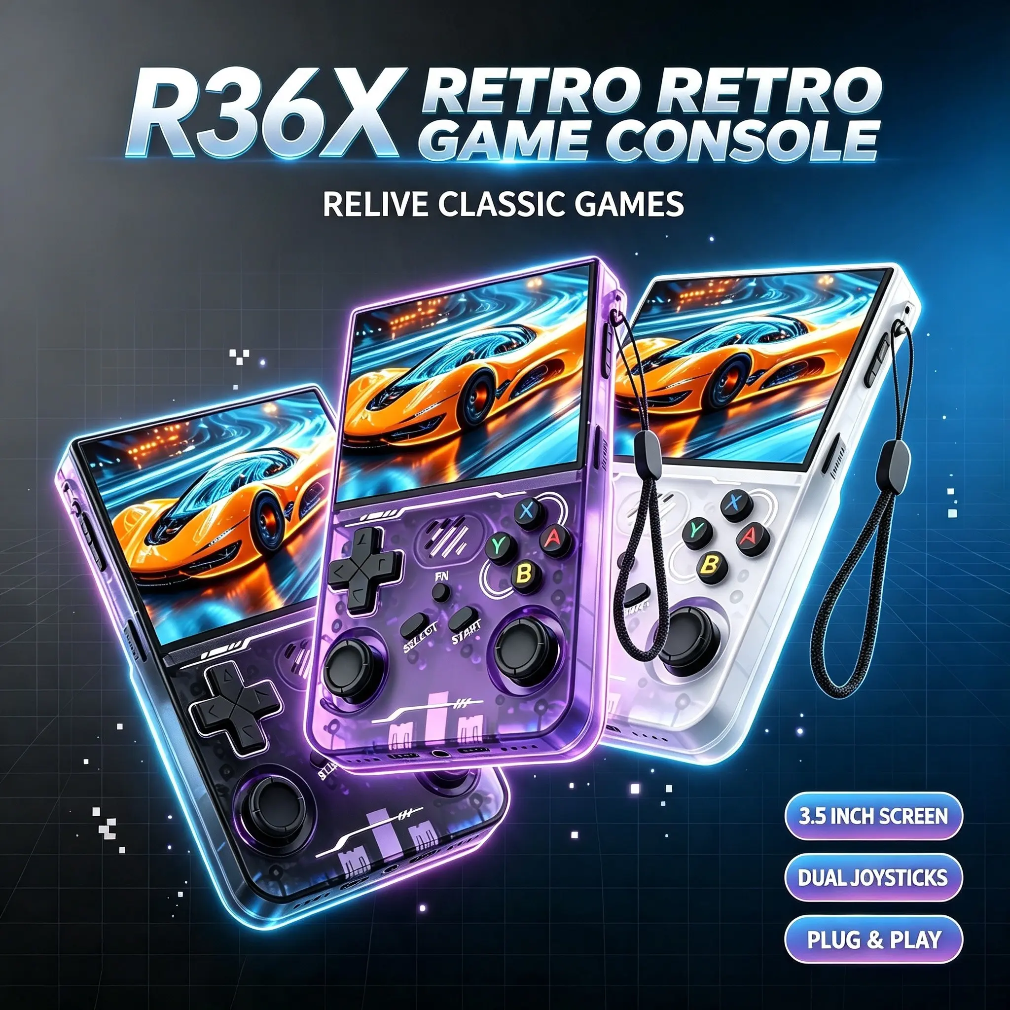 R36x Portable Retro Handheld Game Console, 3.5 Inch HD Display, Dual Joystick, Ideal Gift for Gamers, No WiFi, Battery Included