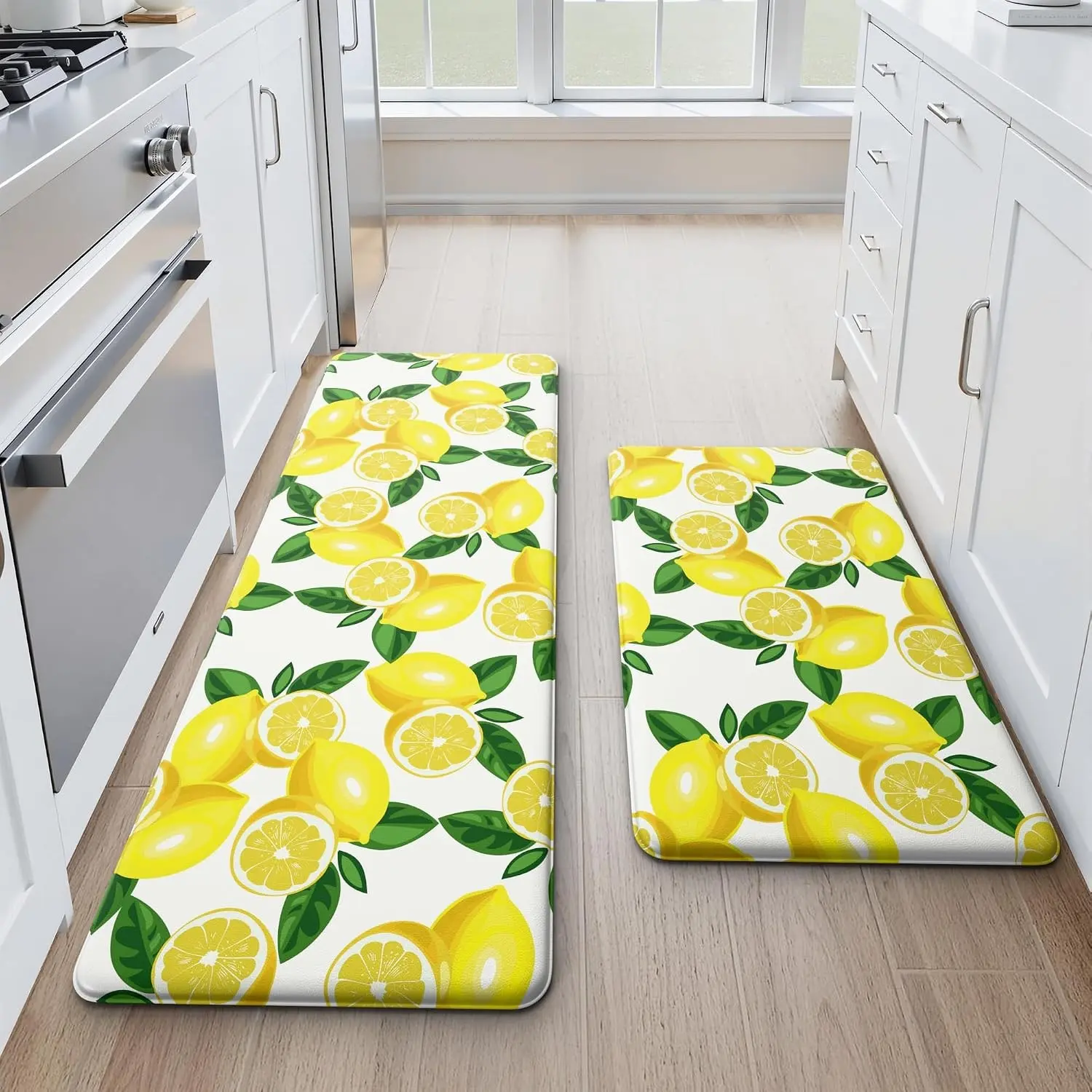 Lemon Kitchen Mat Set of 2 - Anti Fatigue Mats for Kitchen Floor - Non Slip Cushioned Standing Rugs - Lemon Decor Kitchen Mats (17.3"×29"+17.3"×47"-0.4") White