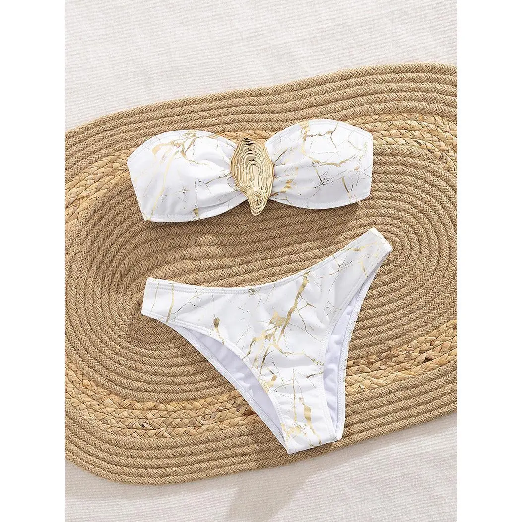 Women's Seashell Bandeau Swimsuit, Sexy 2-Piece Thong Bikini Set, Quick Dry Breathable Brazilian Beachwear