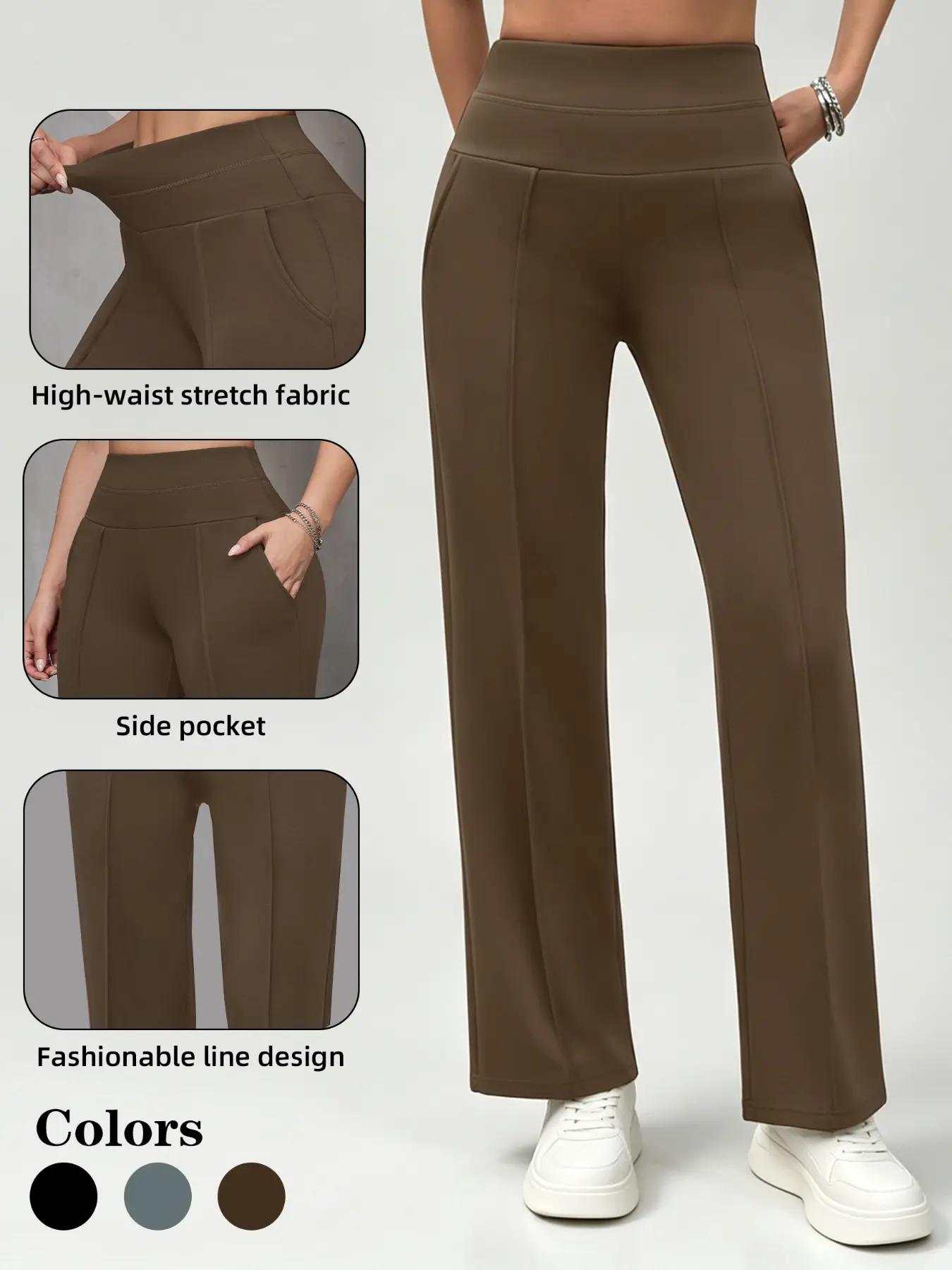 High-Waisted Pocket Yoga Pants, Tight-Fit Running Sports Fitness Wear, Versatile Casual Style for All Seasons, Plain Pattern