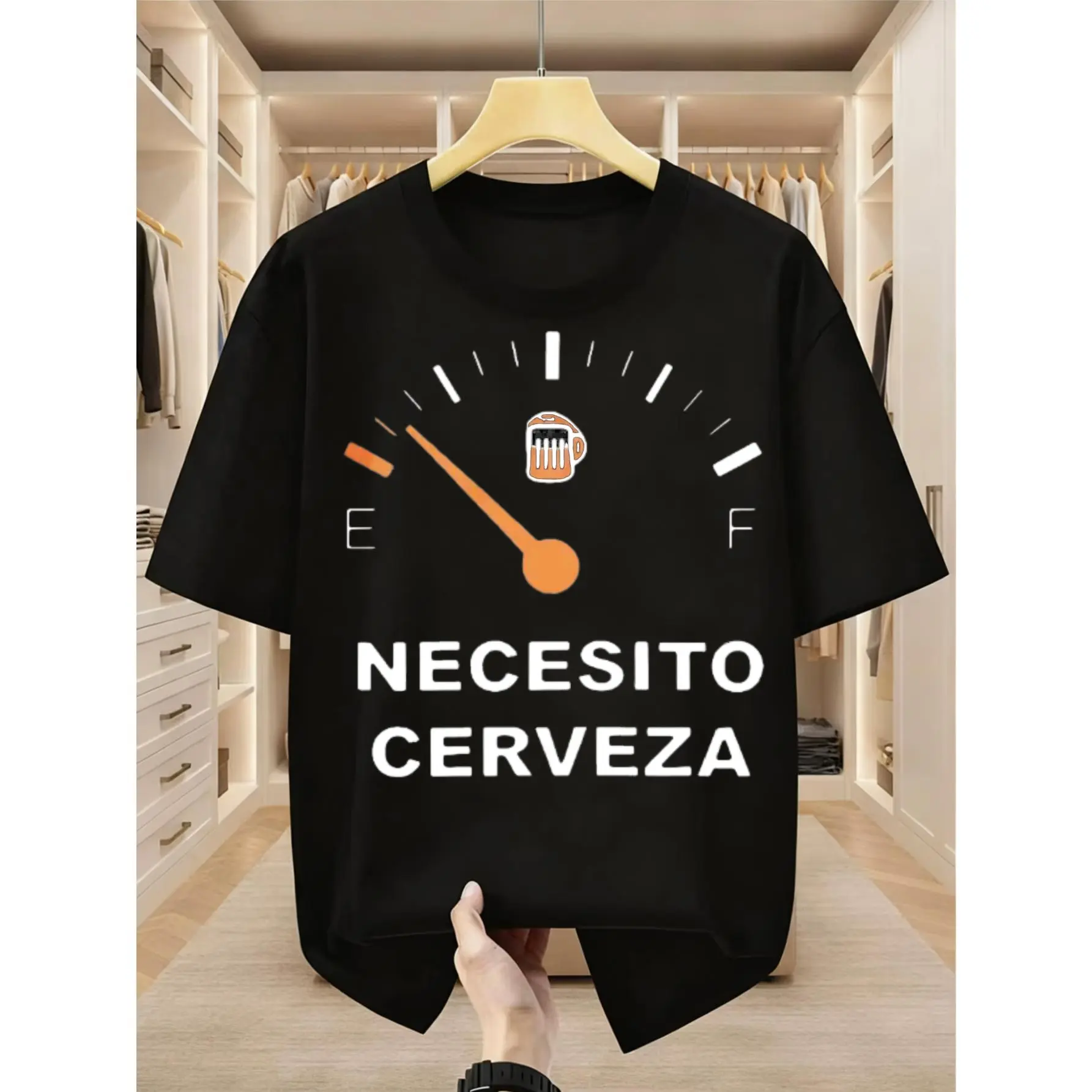 Men's Casual Round Neck Short-Sleeve Fashion T-Shirt, Stylish Beer Gauge Print with "Necesito Cerveza" Text, Party Gift for Beer Lovers, Summer Everyday Wear, Shortsleeve, Unisex