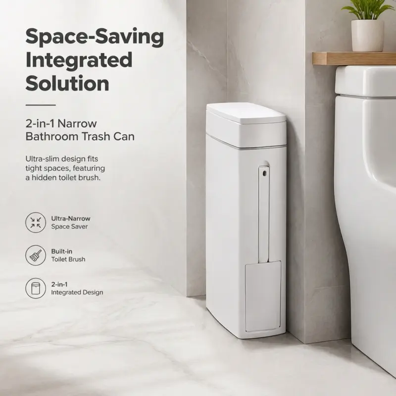 2 In 1 Slim Bathroom Trash Can With Hidden Toilet Brush Space Saving Narrow Bin For Toilet Gap Storage Bathroom Accessory