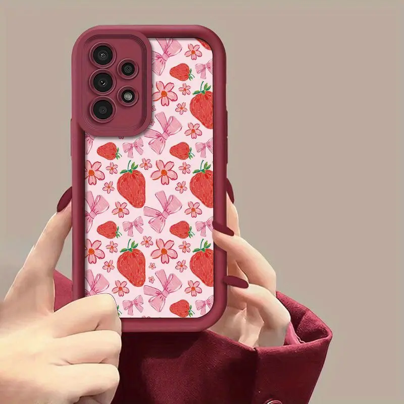 Cute Strawberry Bow Pattern Silicone Phone Case for Samsung Galaxy S26 S24+ S25 S23 S22 S21 Ultra FE Note20 A54 A53 A52 A36 A35 A34 A33 A17 A16 A15 A14 A13, Shockproof Soft TPU, Full Camera Lens Protection, 2D Print Gift Cover, Bows, Non-Customized, Smart